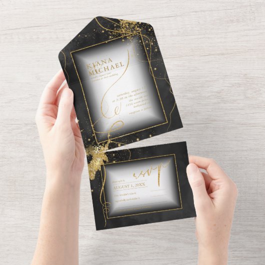 Fine Lines Gold Abstract Wedding V3 Black ID867 All In One Uitnodiging (Afscheurbaar)