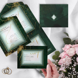 Fine Lines Gold Abstract Wedding V3 Emerald ID867 All In One Uitnodiging