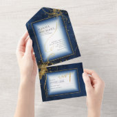 Fine Lines Gold Abstract Wedding V3 Navy ID867 All In One Uitnodiging (Afscheurbaar)