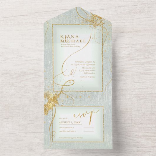 Fine Lines Gold Abstract Wedding V3 Sage ID867 All In One Uitnodiging (Binnen)