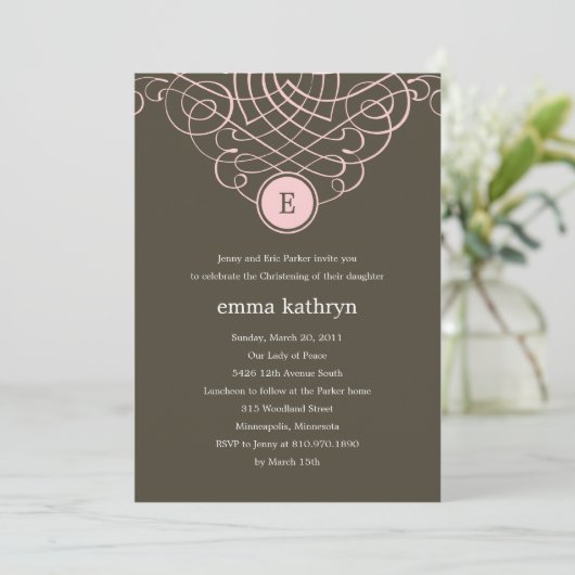 Fine Monogram Baptism/Christening Invitation Kaart (Staand voorkant)
