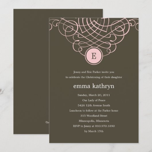 Fine Monogram Baptism/Christening Invitation Kaart (Voorkant / Achterkant)