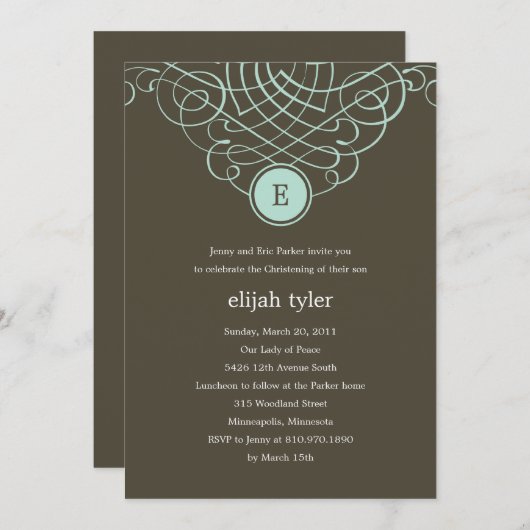 Fine Monogram Baptism/Christening Invitation Kaart (Voorkant / Achterkant)