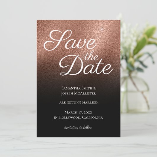 Fine Roos Gold Glitter Black Ombre Opslaan Datum Kaart (Staand voorkant)