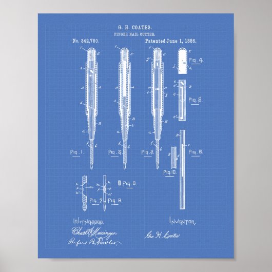 Fingernagelklep 1886 Patent Art Blueprint Poster (Voorkant)