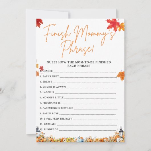 FINISH MOMMY'S PHRASE Baby shower SPEL POMPOEN Kaart (Voorkant)