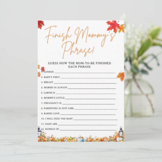 FINISH MOMMY'S PHRASE Baby shower SPEL POMPOEN Kaart (Staand voorkant)