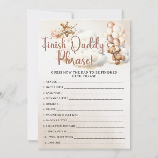 FINISH PAPA'S ZIN Baby shower spel Schattige Beer Kaart (Voorkant)