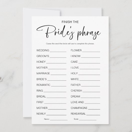 Finish The Brides Phrase Vrijgezellenfeest spel Kaart (Voorkant)