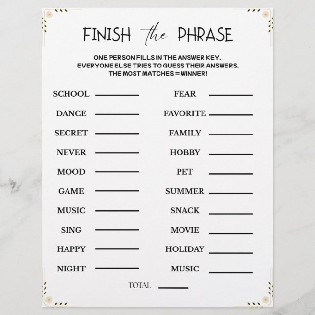 Finish the Phrase Game – Printable Guessing Party Briefhoofd (Voorkant)