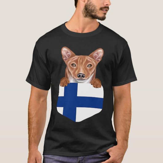 Finland Flag Basenji Dog In Pocket T-shirt (Voorkant)