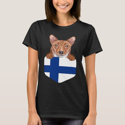 Finland Flag Basenji Dog In Pocket T-shirt (Voorkant)