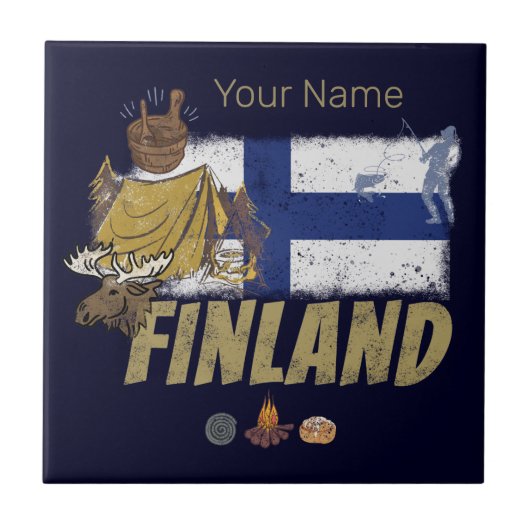 Finland Moose  Vlaggetent Retro Souvenir Tegeltje (Voorkant)