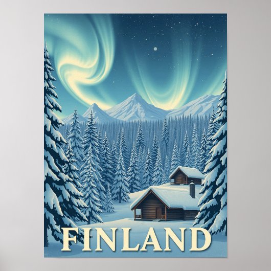 Finland Northern Lights Winter Cabin Poster Print (Voorkant)