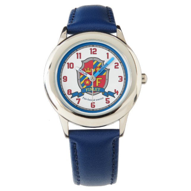 Finley naam betekent kam rood blauw geel kinder horloge (Voorkant)