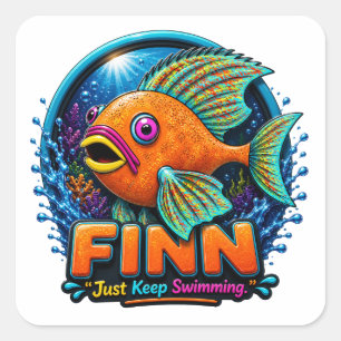 Finn de Dolfijn – “Rideer de Golven van Wonder”  Vierkante Sticker