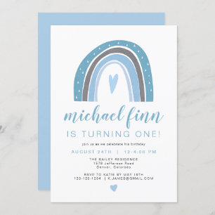 FINN   Dusty Blue Boho Rainbow Heart Boy Birthday Kaart