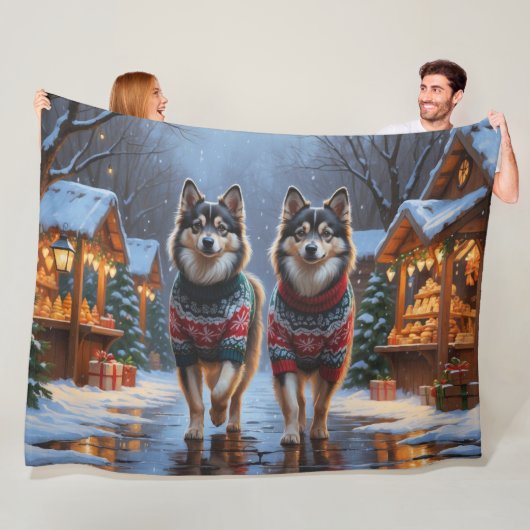 Finnish Lapphund Dogs Christmas Snow Holiday Fleece Deken (In situ)