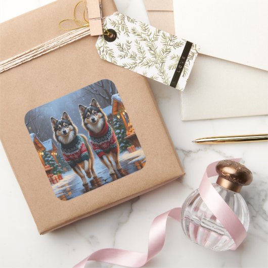 Finnish Lapphund Dogs Christmas Snow Holiday Vierkante Sticker (Geschenken)