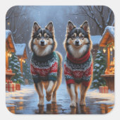 Finnish Lapphund Dogs Christmas Snow Holiday Vierkante Sticker (Voorkant)