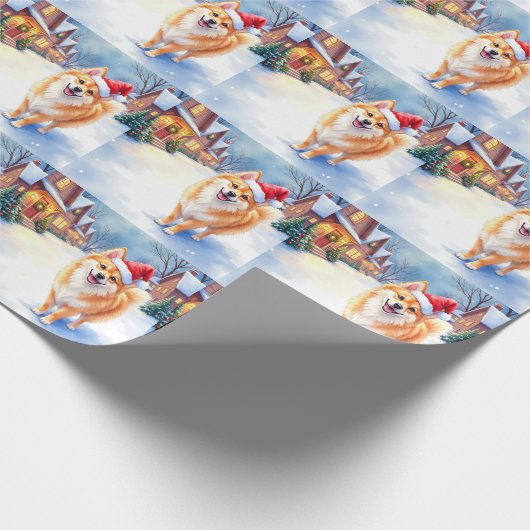 Finnish Lapphund Snowy Village Santa Hat Christmas Cadeaupapier (Hoek)