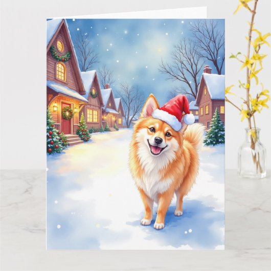 Finnish Lapphund Snowy Village Santa Hat Christmas Kaart (Gele Bloem)