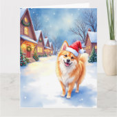 Finnish Lapphund Snowy Village Santa Hat Christmas Kaart (Voorkant)