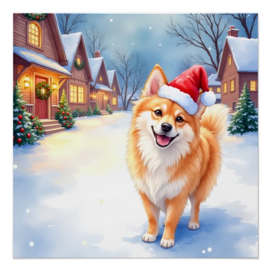Finnish Lapphund Snowy Village Santa Hat Christmas Perfect Poster (Voorkant)