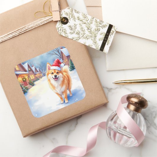Finnish Lapphund Snowy Village Santa Hat Christmas Vierkante Sticker (Geschenken)