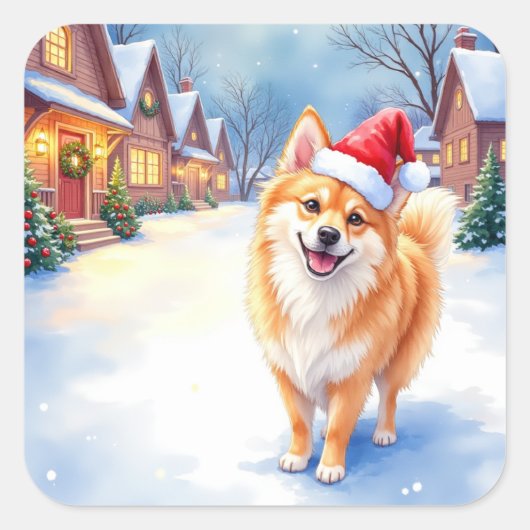 Finnish Lapphund Snowy Village Santa Hat Christmas Vierkante Sticker (Voorkant)