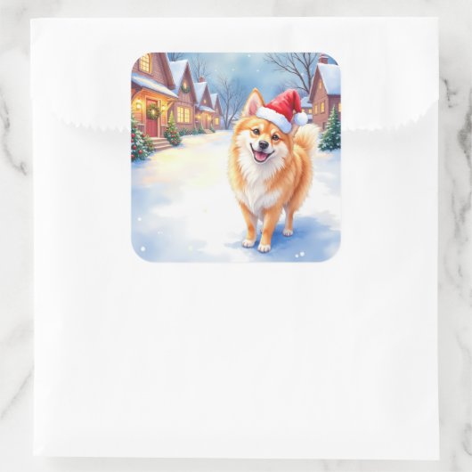 Finnish Lapphund Snowy Village Santa Hat Christmas Vierkante Sticker (Tas)
