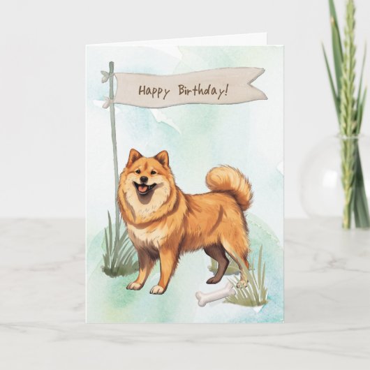 Finnish Spitz Dog Outdoors Under Birthday Sign Kaart (Voorkant)