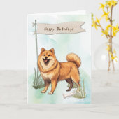 Finnish Spitz Dog Outdoors Under Birthday Sign Kaart (Gele Bloem)