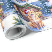 Finnish Spitz Snowy Cabin Santa Hat Christmas Art Cadeaupapier (Rol Hoek)