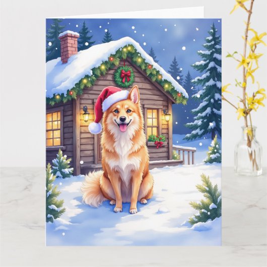Finnish Spitz Snowy Cabin Santa Hat Christmas Art Kaart (Gele Bloem)