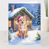 Finnish Spitz Snowy Cabin Santa Hat Christmas Art Kaart (Voorkant)