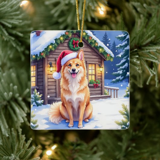Finnish Spitz Snowy Cabin Santa Hat Christmas Art Keramisch Ornament (Boom)