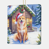Finnish Spitz Snowy Cabin Santa Hat Christmas Art Keramisch Ornament (Links)