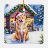 Finnish Spitz Snowy Cabin Santa Hat Christmas Art Keramisch Ornament (Achterkant)