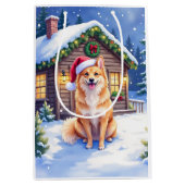 Finnish Spitz Snowy Cabin Santa Hat Christmas Art Medium Cadeauzakje (Voorkant)