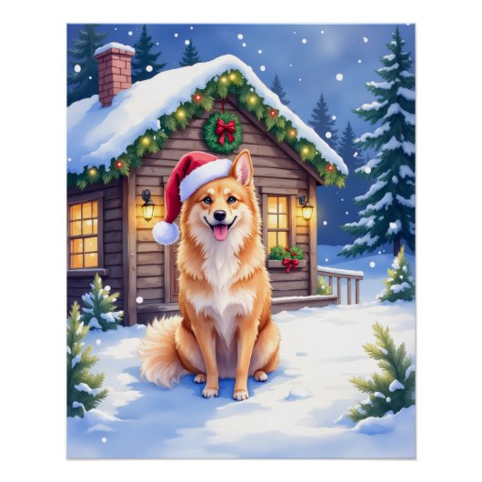 Finnish Spitz Snowy Cabin Santa Hat Christmas Art Perfect Poster (Voorkant)