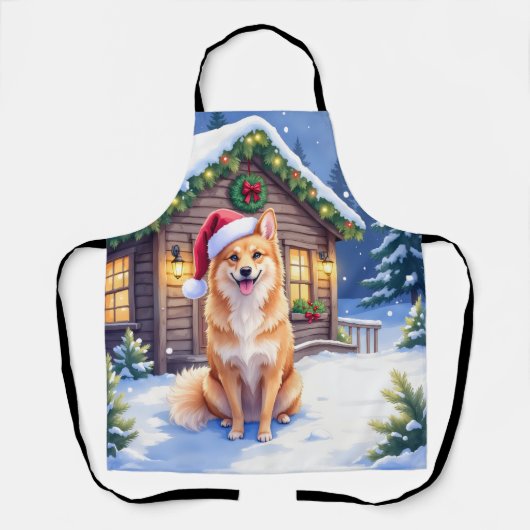 Finnish Spitz Snowy Cabin Santa Hat Christmas Art Schort (Voorkant)
