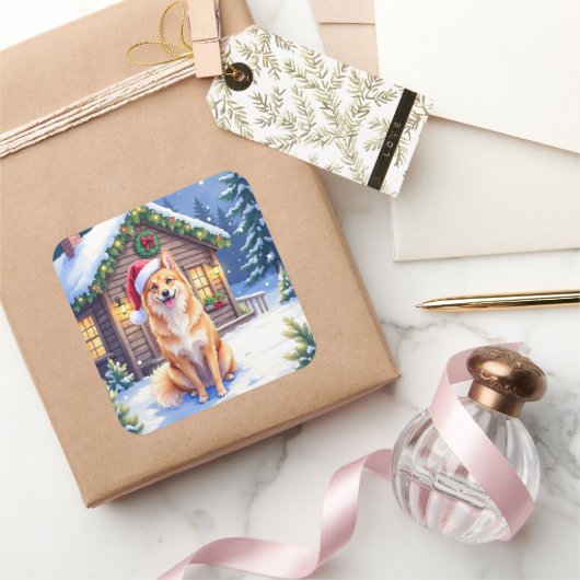 Finnish Spitz Snowy Cabin Santa Hat Christmas Art Vierkante Sticker (Geschenken)