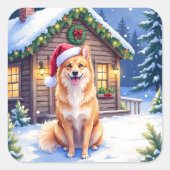Finnish Spitz Snowy Cabin Santa Hat Christmas Art Vierkante Sticker (Voorkant)