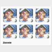 Finnish Spitz Snowy Cabin Santa Hat Christmas Art Vierkante Sticker (Vel)