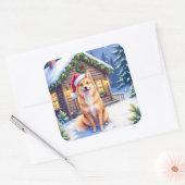 Finnish Spitz Snowy Cabin Santa Hat Christmas Art Vierkante Sticker (Envelop)