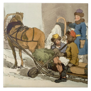 Fins die levende vis op de markt brengen, geëtst tegeltje