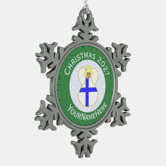 Finse engel kerstvlag gepersonaliseerd tin sneeuwvlok ornament (Links)