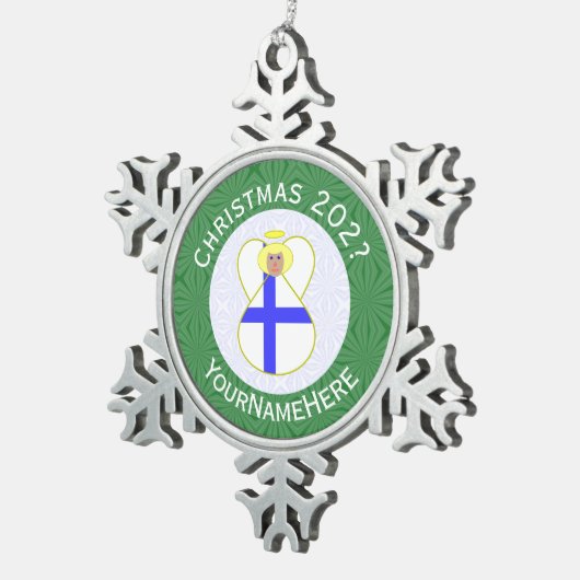 Finse engel kerstvlag gepersonaliseerd tin sneeuwvlok ornament (Rechts)