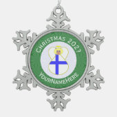 Finse engel kerstvlag gepersonaliseerd tin sneeuwvlok ornament (Voorkant)